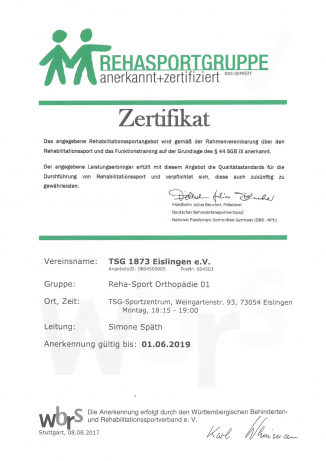 Zertifikate für die Reha-Sportgruppen &quot;Orthopädie&quot;